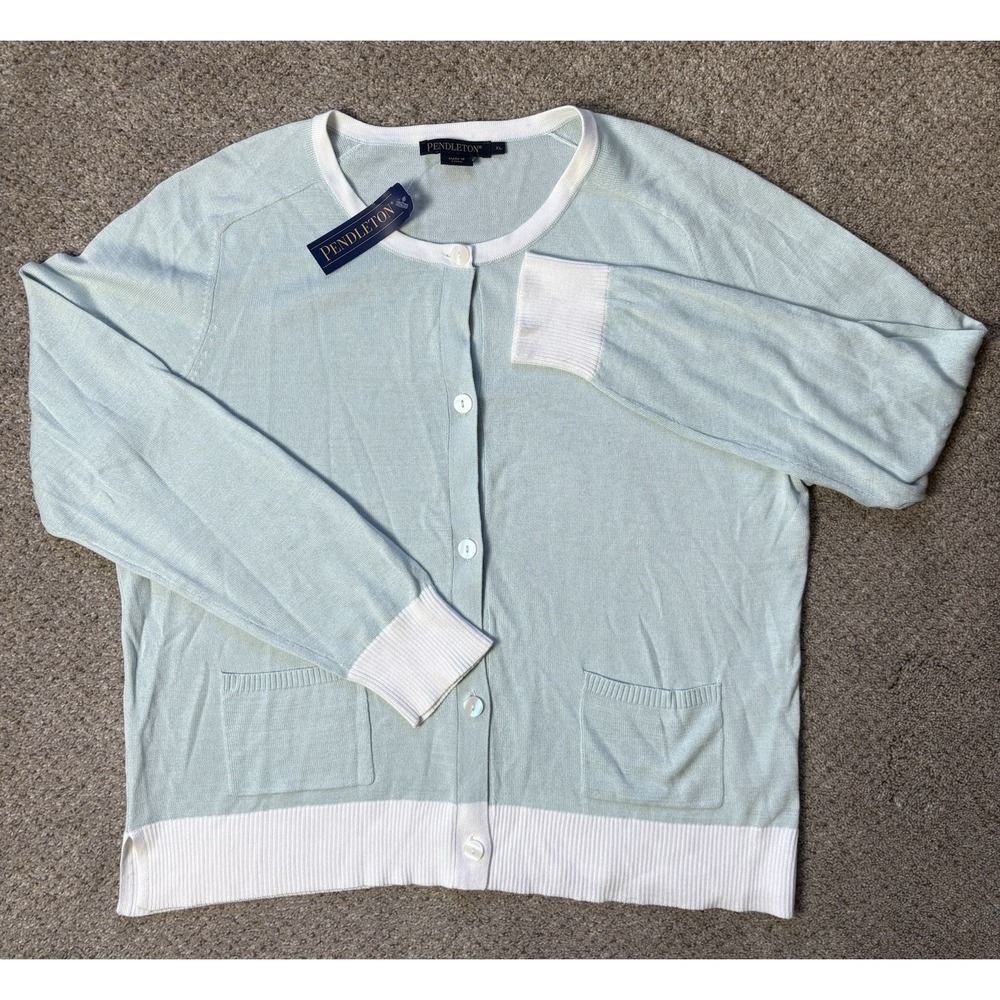 NEW‎ Pendleton Women's XL Cardigan Lightweight Cotton Classic Preppy Light Blue - Picture 2 of 9
